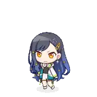 a little girl with long blue hair and orange eyes is wearing headphones and a jacket .
