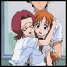 a man and two girls are hugging each other in a room .