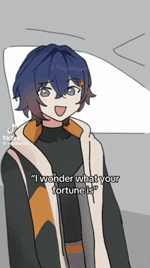 a drawing of a boy with blue hair and a caption that says " i wonder what your fortune is "