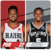 two basketball players from the blazers and the spurs are shown