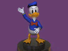 a statue of donald duck standing on a purple background