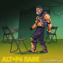 a cartoon of a man standing next to folding chairs with the words alt + f4 rage on the bottom