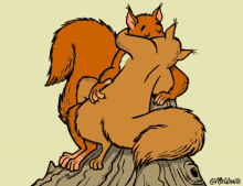 a cartoon of two squirrels sitting on a tree stump by mr.white