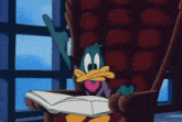 a cartoon of a duck reading a book