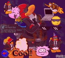 a cartoon of a penguin with a sign that says jet pack guy on it