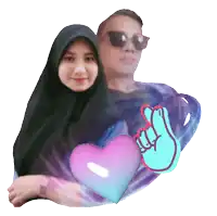 a man and a woman are standing next to each other with a heart and a hand that says " i love you "