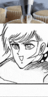 a black and white drawing of a man 's face next to a picture of cupcakes being decorated with frosting .