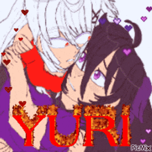 a drawing of a girl and a boy with the word yuri in red