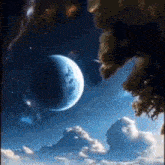 a painting of a planet in space with clouds in the foreground