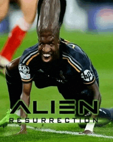 a soccer player with a big head is on the field with the words alien resurrection written on the bottom