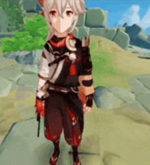 a cartoon character is standing in a field holding a sword .