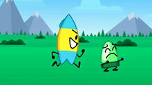 a blue and yellow surfboard is standing next to a green object with a sad face on it
