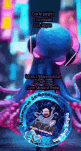 an octopus wearing headphones and a circle that says " clave musical radio "