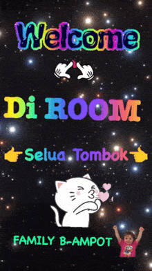 a poster that says welcome di room with a cat and a little girl