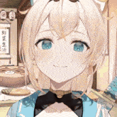 a girl with blonde hair and blue eyes is smiling in front of a sign that says vegetable life