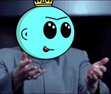 a cartoon character with a crown on his head is pointing