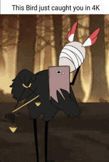 a bird with a bandaged leg is taking a picture with a cell phone