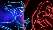 a blue and red cartoon character are standing next to each other in a dark room .