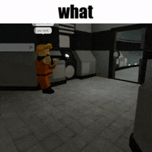 a man in an orange uniform is holding a gun in a room with the word what above him