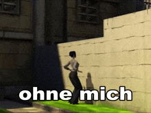 a cartoon of a woman jumping over a fence with the words ohne mich written on the bottom