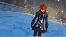 a video game character with red hair is standing in front of a building and talking to someone .