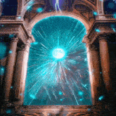 a portal in a building with a lightning bolt coming through it