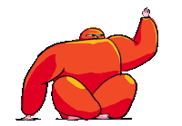 a cartoon drawing of a red monster kneeling down and waving