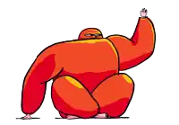 a cartoon drawing of a red monster kneeling down and waving