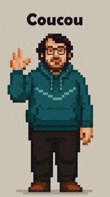 a pixel art of a man with the name coucou behind him