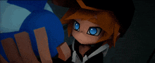 a cartoon character with orange hair and blue eyes holds a blue object