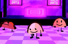 three tacos are dancing on a checkered floor in front of a loaded box party sign .