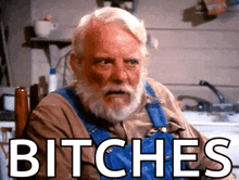 an older man with a beard is sitting in a chair with the words bitches written on his face
