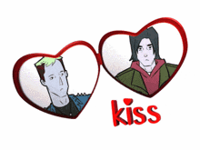 a drawing of two men in hearts with the word kiss below them