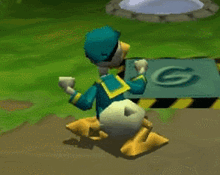 donald duck in a video game with the letter g on a box