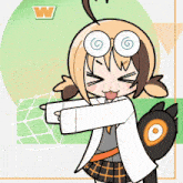a cartoon drawing of a girl wearing glasses and a white coat with the letter w behind her
