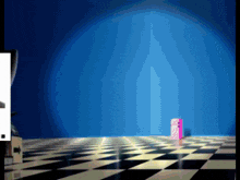 a black and white checkered floor with a blue wall behind it