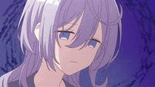 a girl with purple hair and blue eyes looks sad