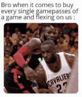 two basketball players are playing a game and one of them is wearing a cavaliers jersey .