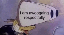 a cartoon character wearing a virtual reality headset with the words `` i am awoogaing respectfully '' on it .