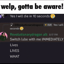 a screenshot of a conversation between revolutionarydragon alt and welp