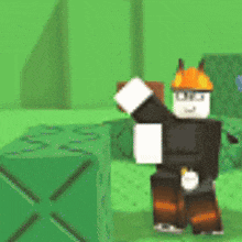 a cartoon character is standing next to a green box and holding a piece of paper .