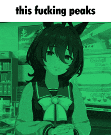 a picture of a girl with the words this fucking peaks on it