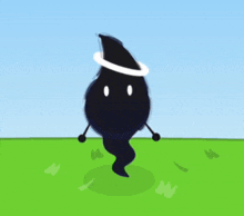 a cartoon drawing of a black ghost with a halo around its head