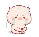 a cartoon pig is crying in the rain and holding a flower .