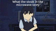 a cartoon of a man holding a knife and fork with the words what the steak in the microwave sees