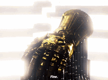 a close up of a glove with the words fine written on it