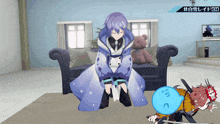 a purple haired anime character is sitting on a couch in a living room with chinese writing on the wall