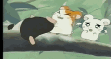 three hamsters are standing next to each other on a tree branch in a cartoon .