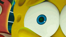 a close up of spongebob 's blue eye and patrick 's red eye