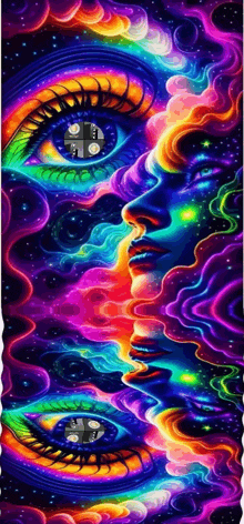a colorful painting of a man and woman 's faces with a reflection of the moon in each eye .